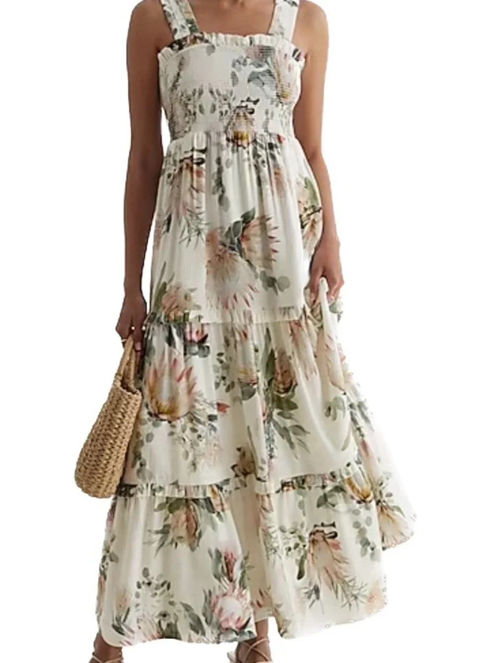 Express Floral Smocked Bodice Maxi Dress - White Floral NWT